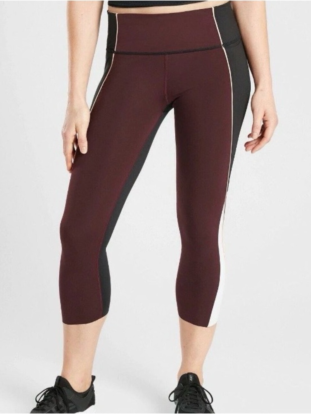 Athleta Velocity Colorblock Capri Burgundy and Peach Leggings with White Accents